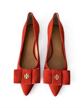 Tory Burch Pointed Toe suede  with bow Pumps kitten heel